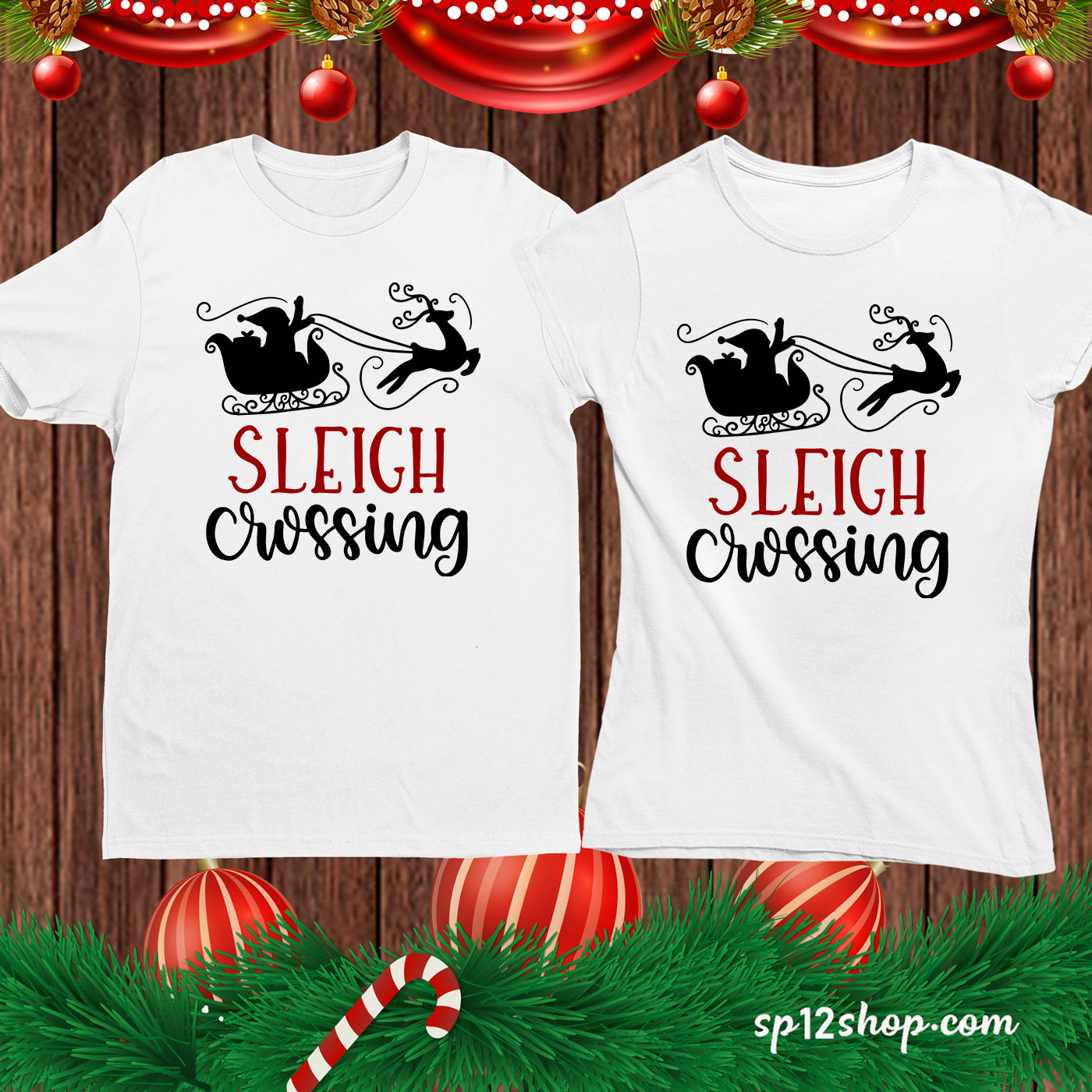 Sleigh Crossing Santa Christmas Family T Shirt tee