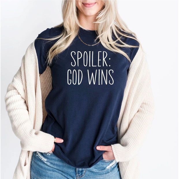 Funny Christian Spoiler God Wins Religious Faith Jesus T Shirt For Adults and Kids