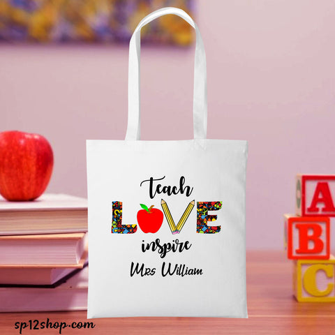 Teach Love Inspire Custom Teacher White Tote Bag