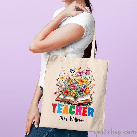 Floral Books Lover Custom Teacher Appreciation Thank You Gift Tote Bag