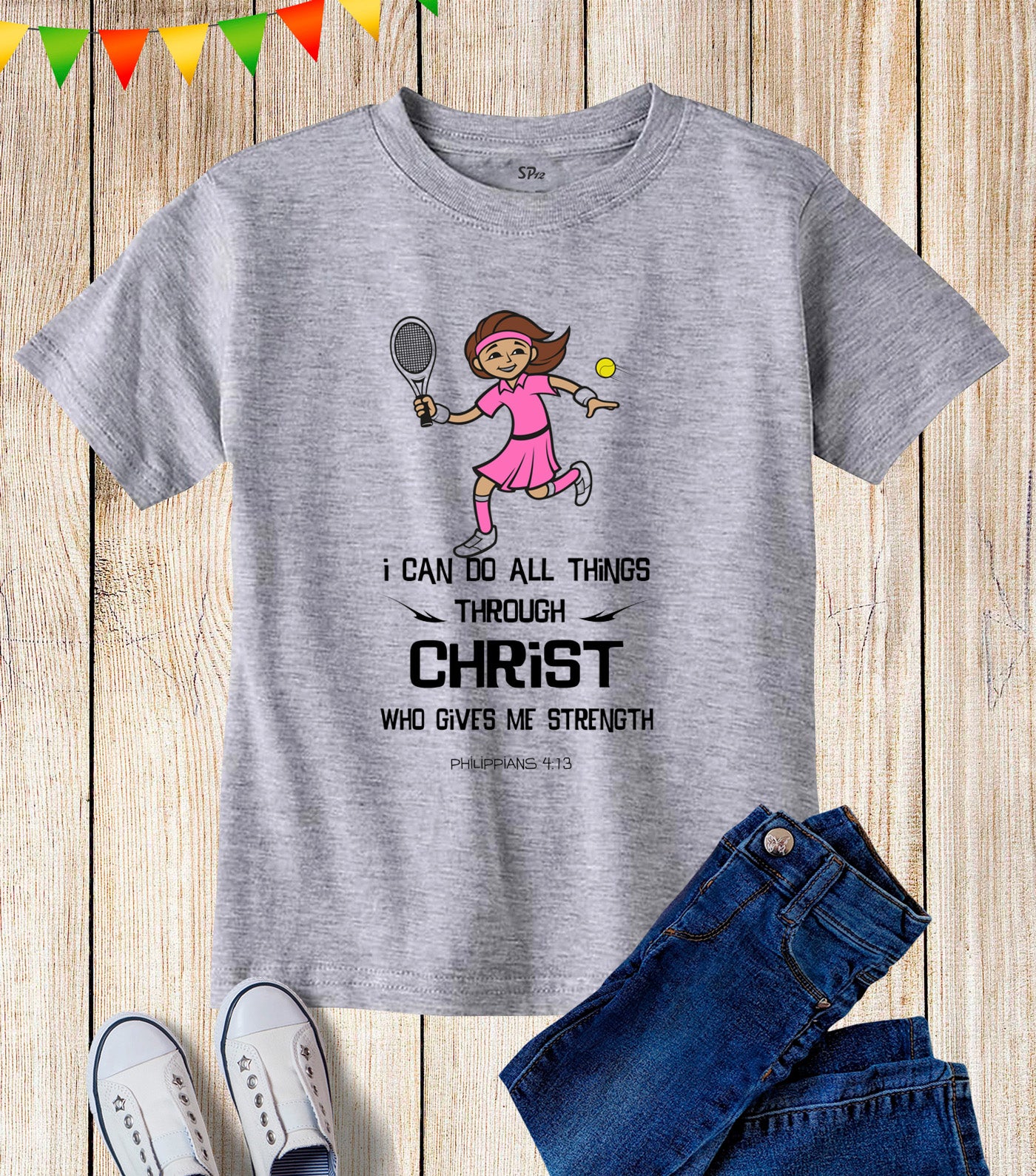 Kids Christian T Shirt Play Tennis Jesus Girl