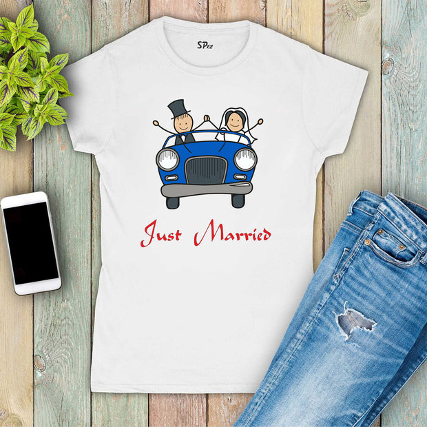 Wedding T Shirt Women Just Married Blue Car